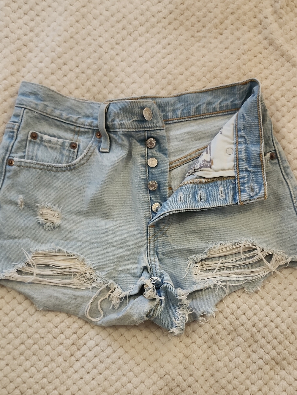 Light Blue Distressed High-Waist Denim Shorts